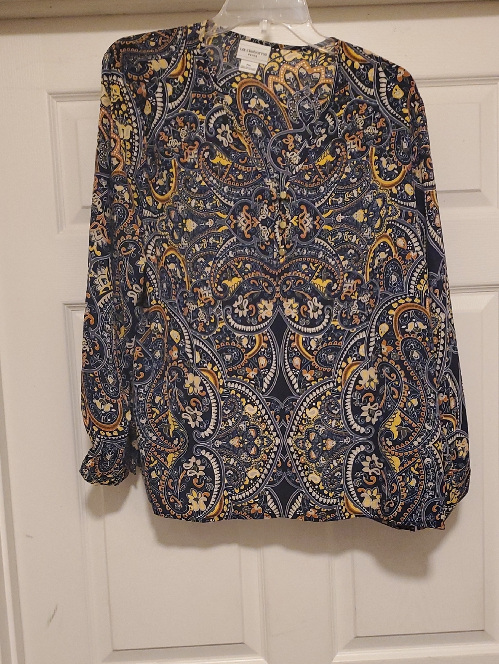 Liz Claiborne Navy Paisley Blouse with Mustard Accents
